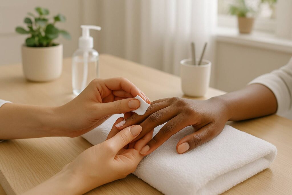 Prestations Dépose de gel sur les ongles avec soin, suivie d’un traitement nourrissant pour l’ongle naturel.