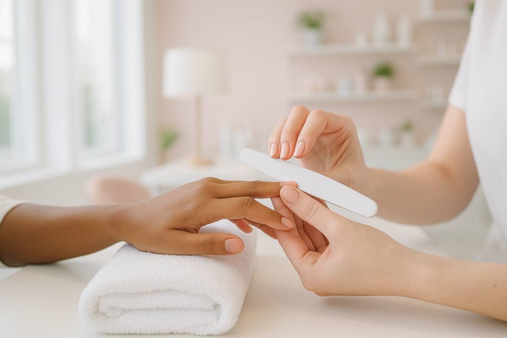 Prestations Manucure simple avec limage des ongles, soin des cuticules et application de soin nourrissant.