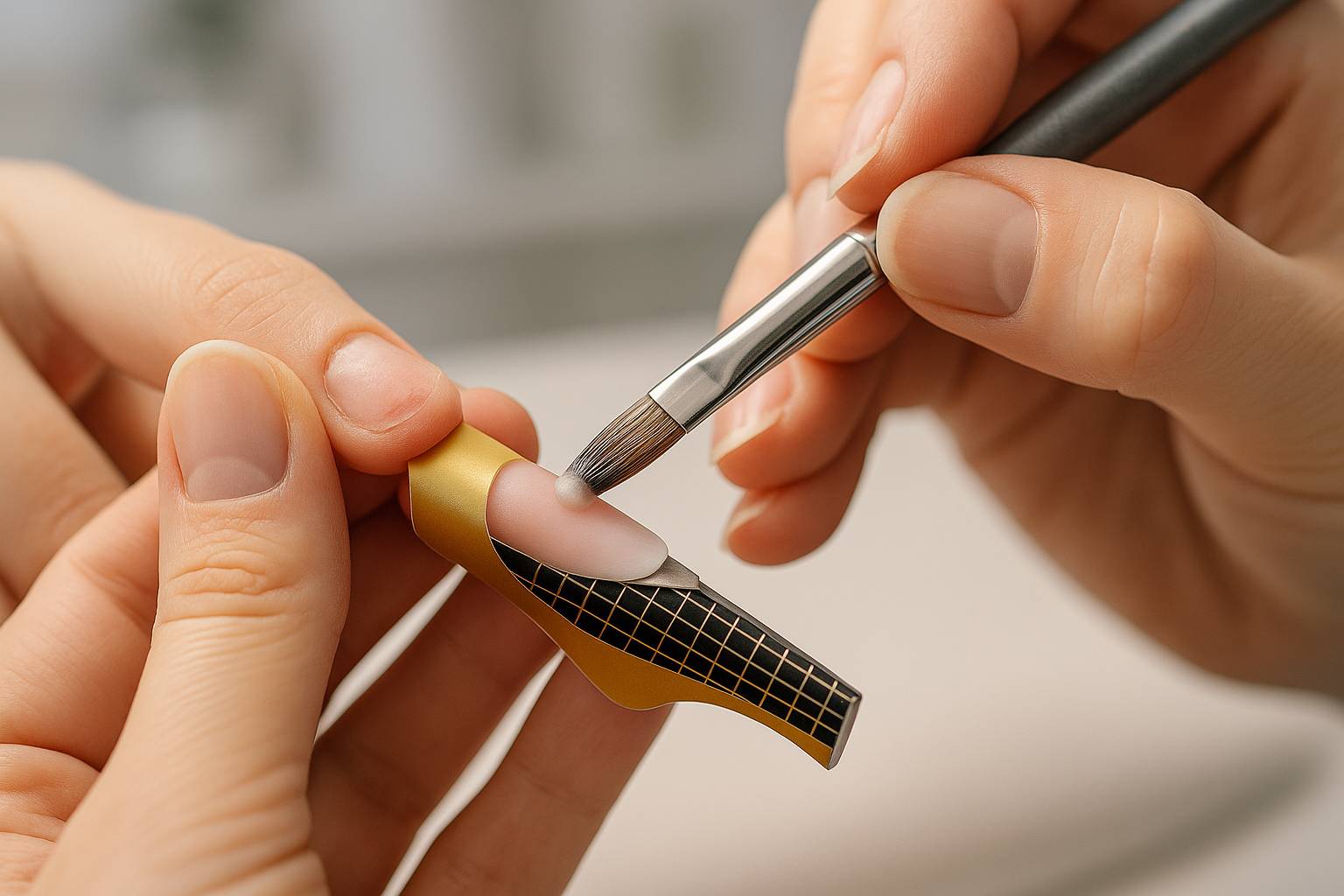 Prestations Reconstruction complète d’ongles rongés avec pose au chablon et finition au vernis semi-permanent.