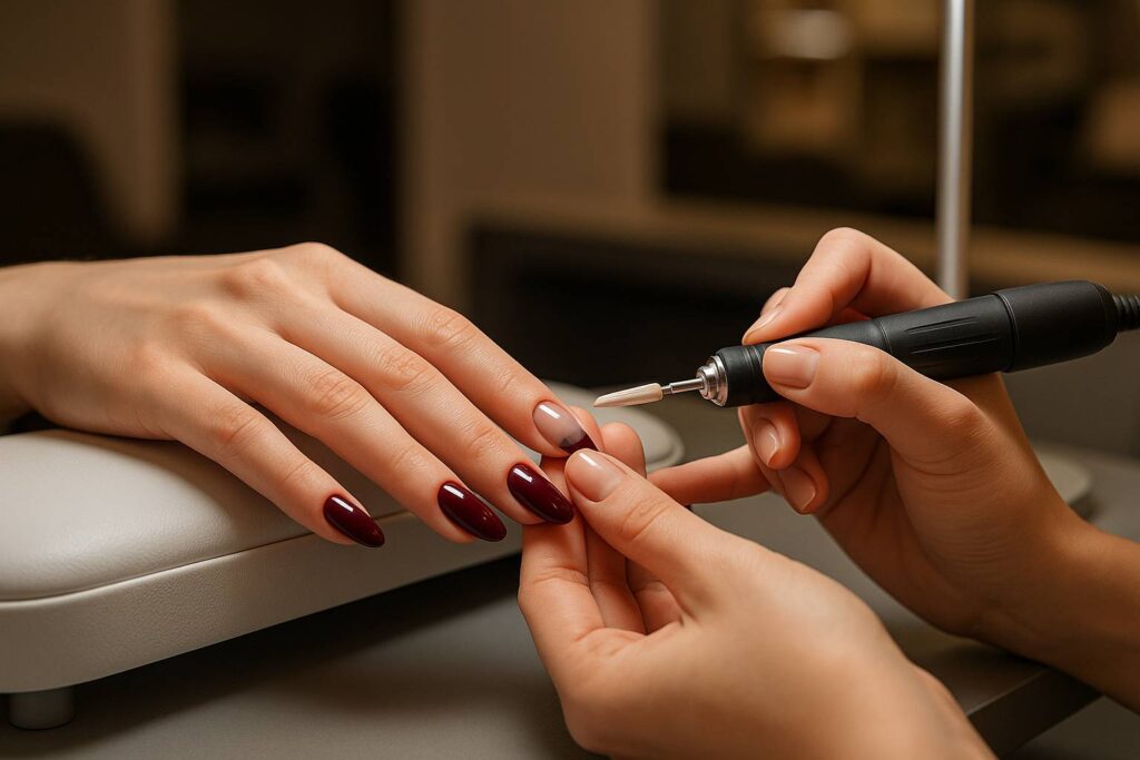 Prestations Prestation de remplissage sur ongles avec mise en forme, raccourcissement et nouvelle pose de vernis.
