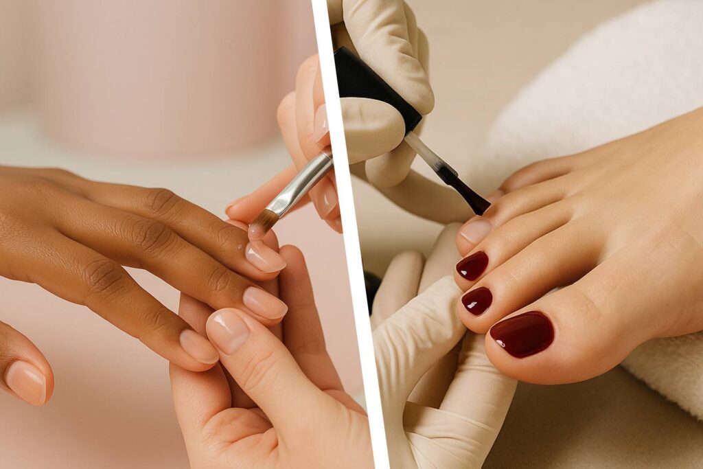 Prestations Soin combiné : application de gel renfort rubber sur les mains et vernis semi-permanent sur les pieds.